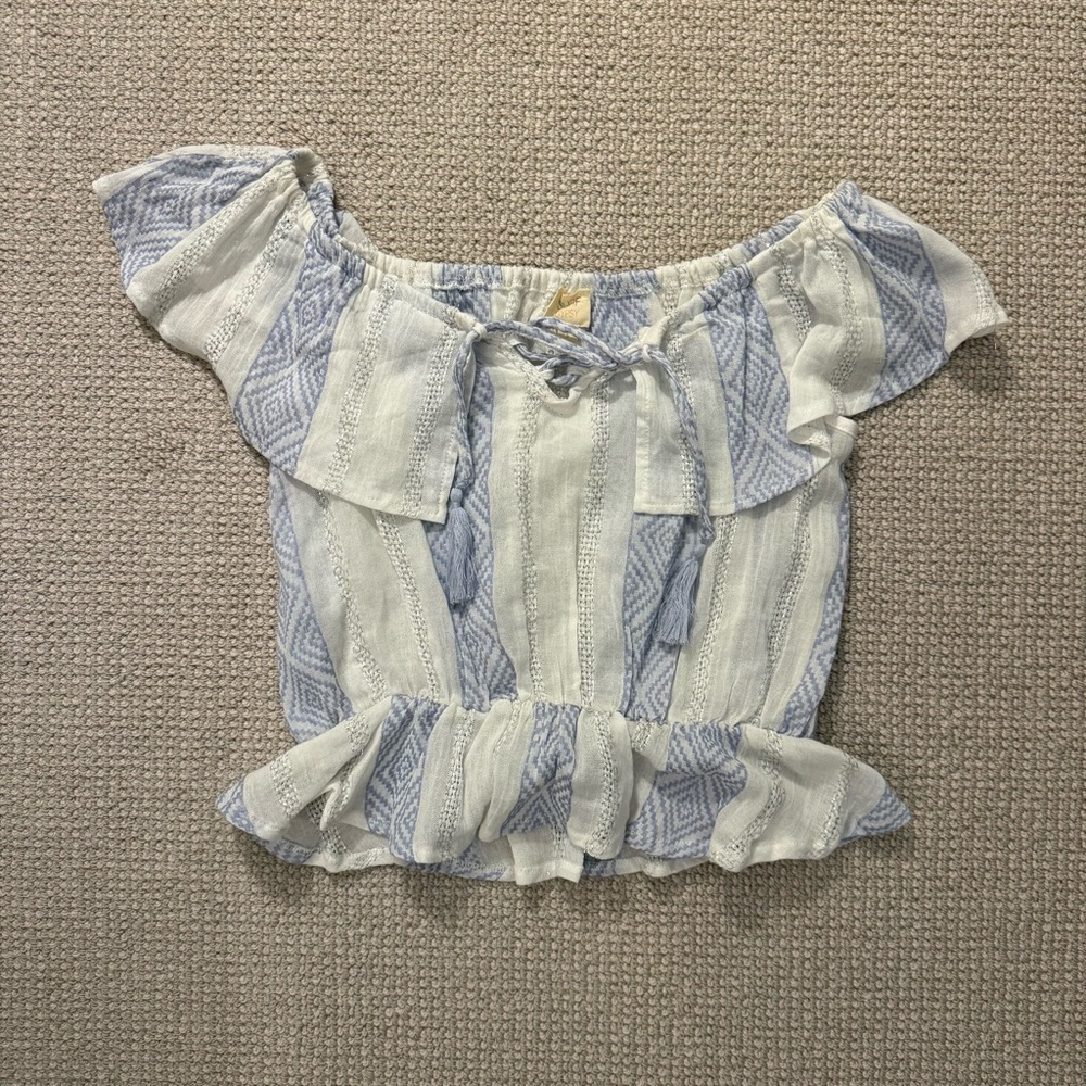Surf Gypsy Blue and White Patterned Off the Shoulder Top